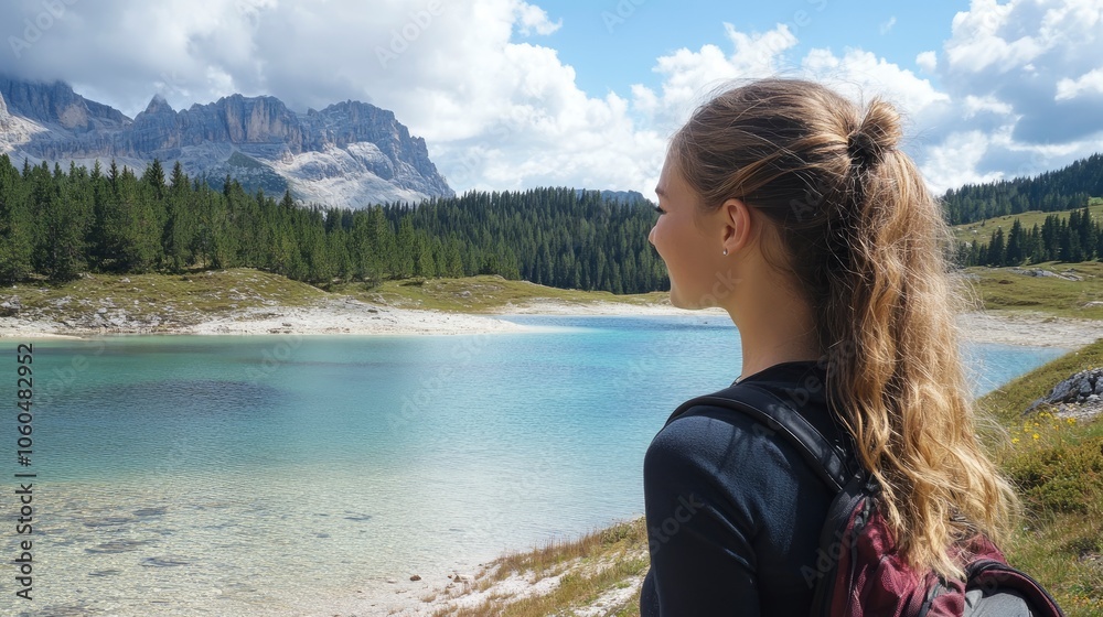 Young Caucasian woman standing and looking at Lago di Carezza in Dolomites Young Caucasian woman standing and looking at Lago di Carezza in Dolomites