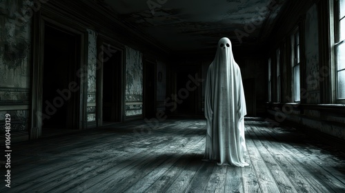 A ghostly figure draped in white stands in an abandoned, eerie room with wooden floors and dim lighting.