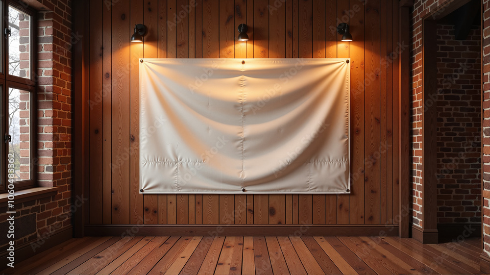 Fabric banner mockup on brick wall in rustic interior Fabric banner mockup on brick wall in rustic interior