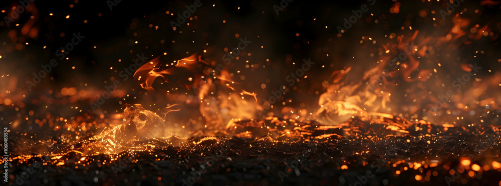 Fiery embers and particles over a black background, creating a very dark atmosphere. Fiery embers and particles over a black background, creating a very dark atmosphere.