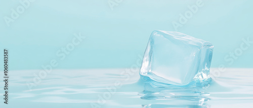 The single melting ice cube on a reflective surface against a soft blue background, capturing the transparent and refractive properties of ice and water. Generative AI