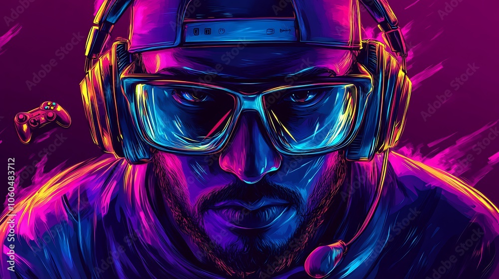 Neon Lights Illustration Gamer Portrait with Cool Headphones Design Neon Lights Illustration Gamer Portrait with Cool Headphones Design