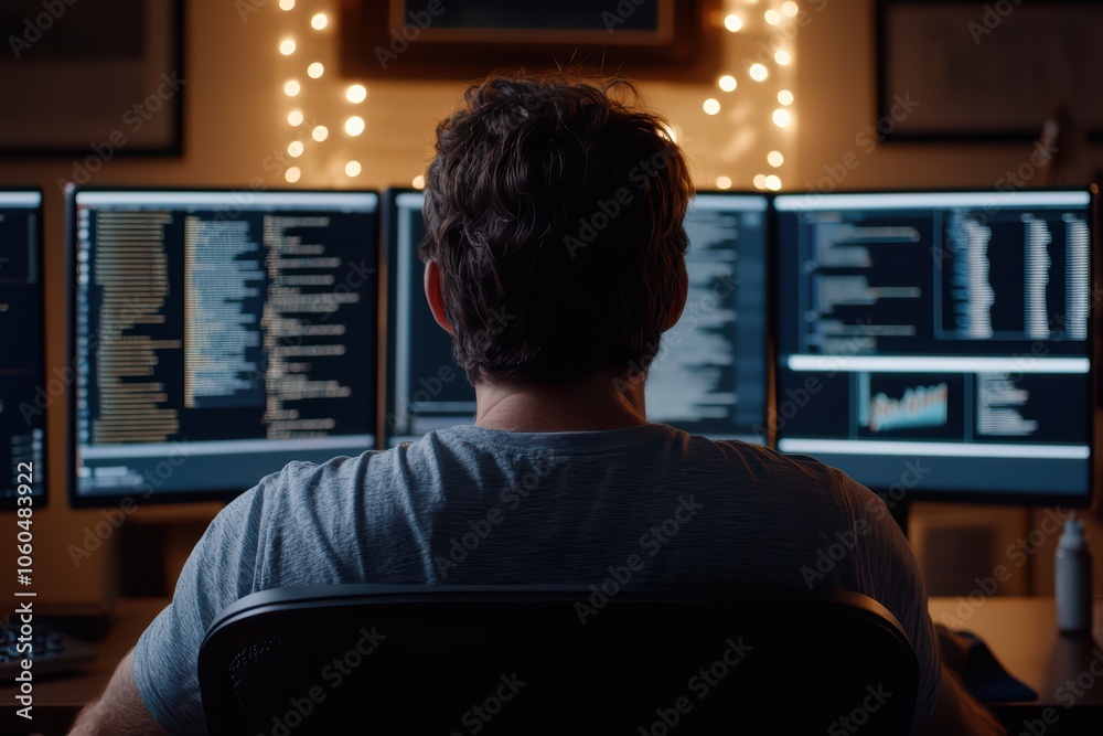 A programmer concentrating on multiple screens filled with code and data at night. A programmer concentrating on multiple screens filled with code and data at night.