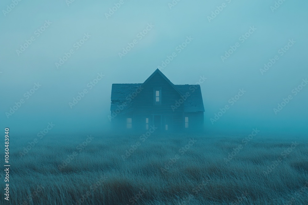Mysterious Foggy House in Twilight Landscape Mysterious Foggy House in Twilight Landscape