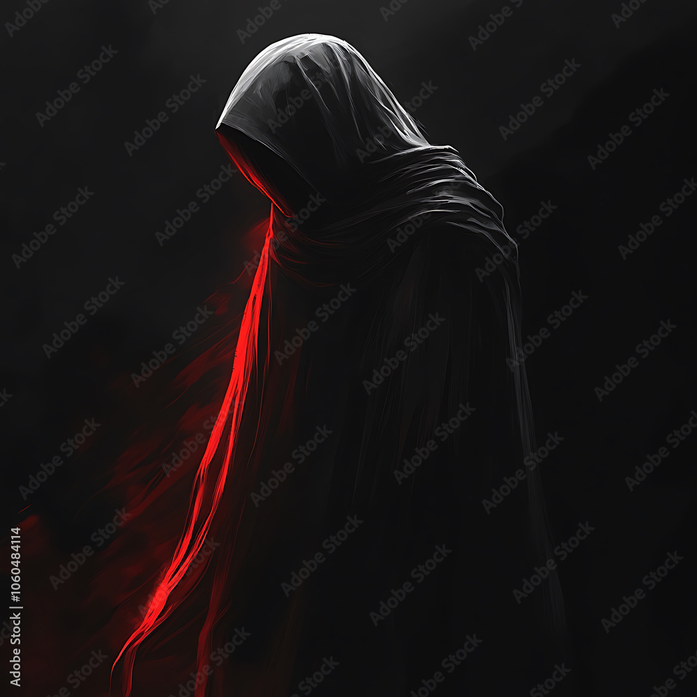 mysterious hooded figure stands in complete darkness, shrouded in shadows with striking red accent. atmosphere evokes intrigue and suspense mysterious hooded figure stands in complete darkness, shrouded in shadows with striking red accent. atmosphere evokes intrigue and suspense
