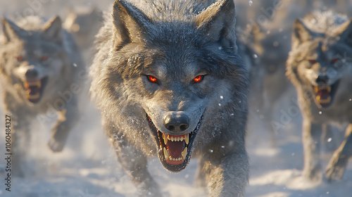 Fierce gray wolves with glowing eyes baring their teeth while hunting in snowy landscape, showcasing their predatory instincts and pack behavior