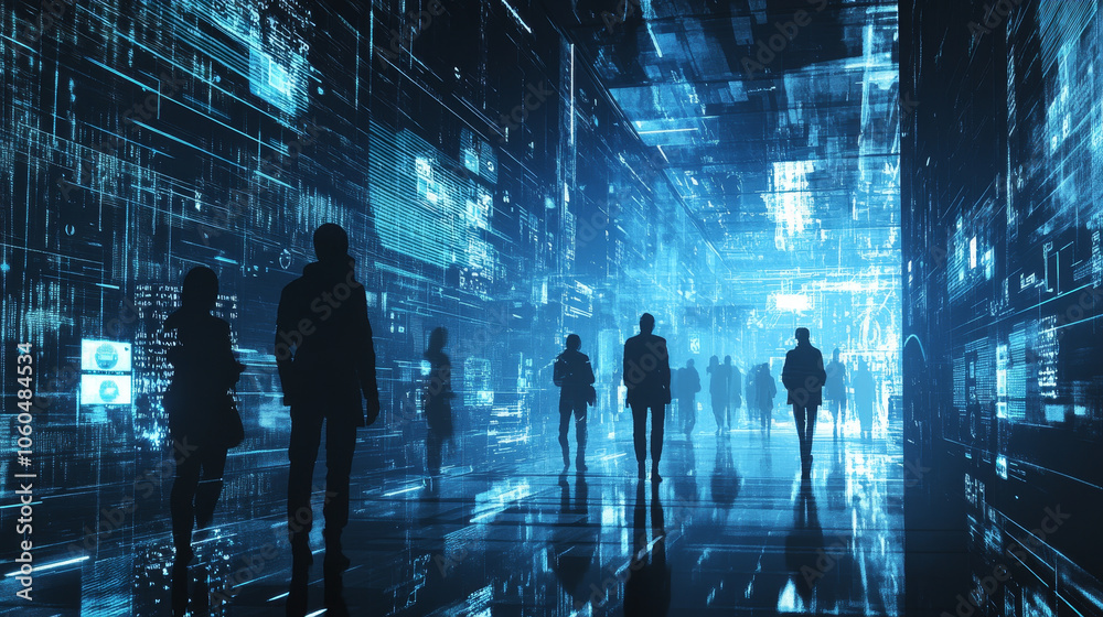 Digital silhouettes of people connecting in futuristic environment, surrounded by glowing data streams and technology. scene evokes sense of innovation and connectivity Digital silhouettes of people connecting in futuristic environment, surrounded by glowing data streams and technology. scene evokes sense of innovation and connectivity
