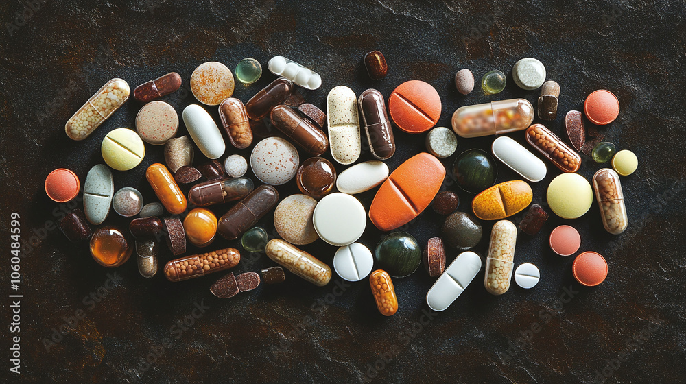 Colorful pills and capsules scattered across a reflective surface, representing modern pharmaceutical products and health supplements. Colorful pills and capsules scattered across a reflective surface, representing modern pharmaceutical products and health supplements.