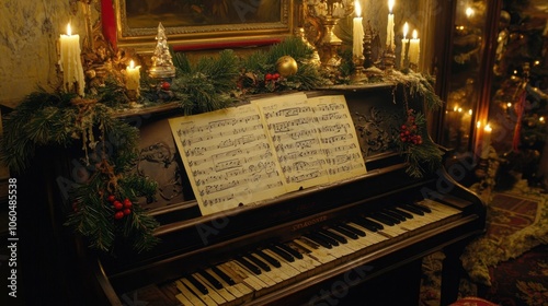 Christmas carol sheet music, placed on a piano decorated with garlands, candles, and holly, adding festive warmth