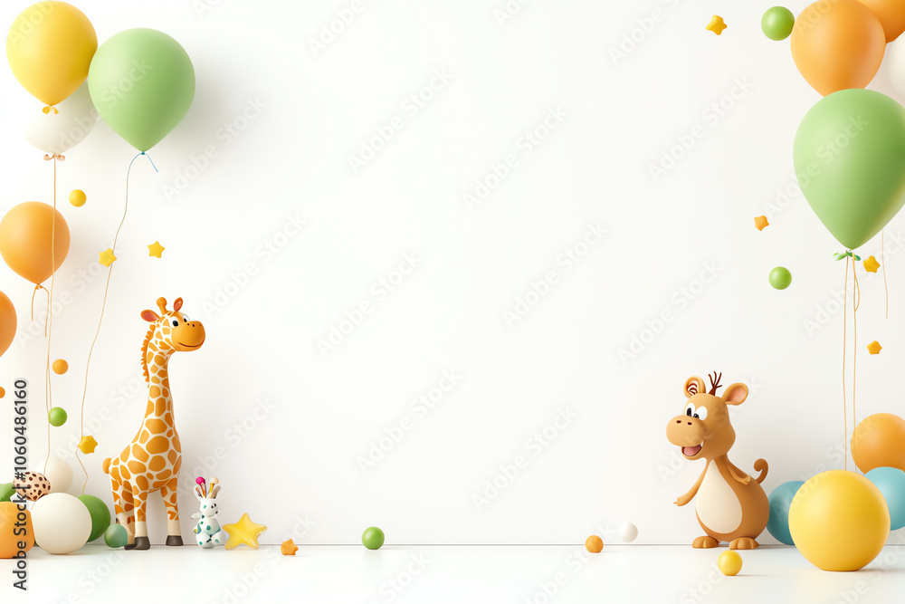 Fototapeta premium Cute animal characters around mockup white board, soft tones, 3D illustration