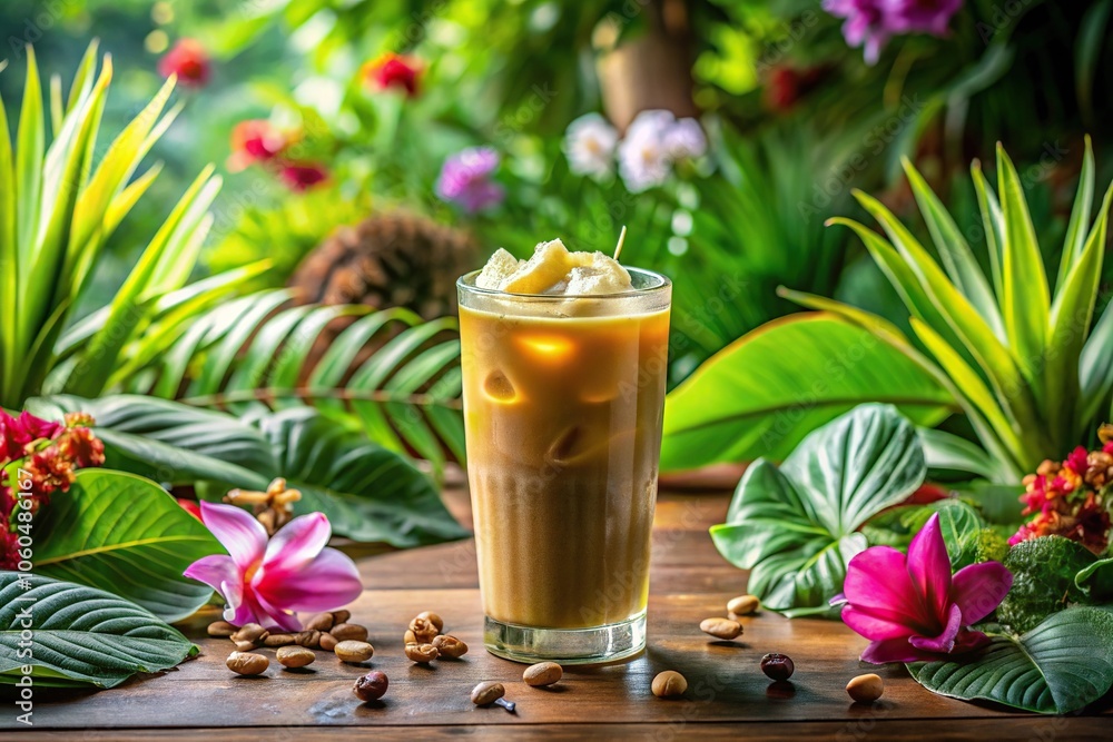 A refreshing scene of a glass filled with iced coffee and surrounded by tropical plants and flowers, beverages, beverage, frozen, transparent A refreshing scene of a glass filled with iced coffee and surrounded by tropical plants and flowers, beverages, beverage, frozen, transparent