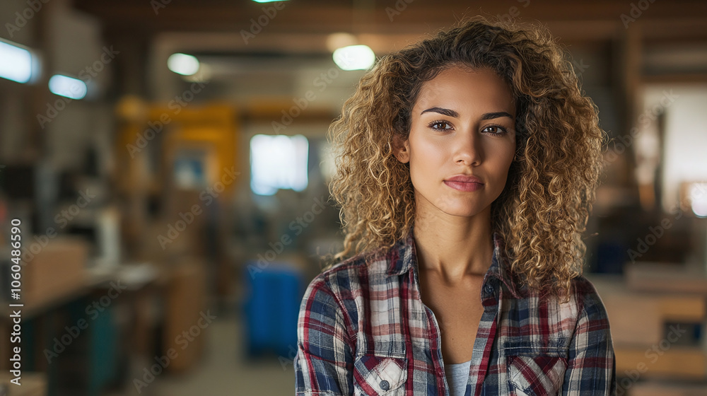 Portrait of a confident woman with curly hair in a casual plaid shirt, set in a workshop environment, showcasing strength and independence. Portrait of a confident woman with curly hair in a casual plaid shirt, set in a workshop environment, showcasing strength and independence.