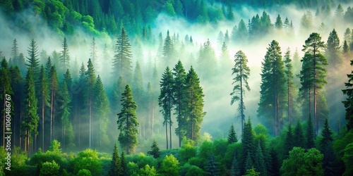 A serene forest landscape with tall trees and lush greenery in shades of emerald and olive against a misty blue background, foliage, leafy greens, nature