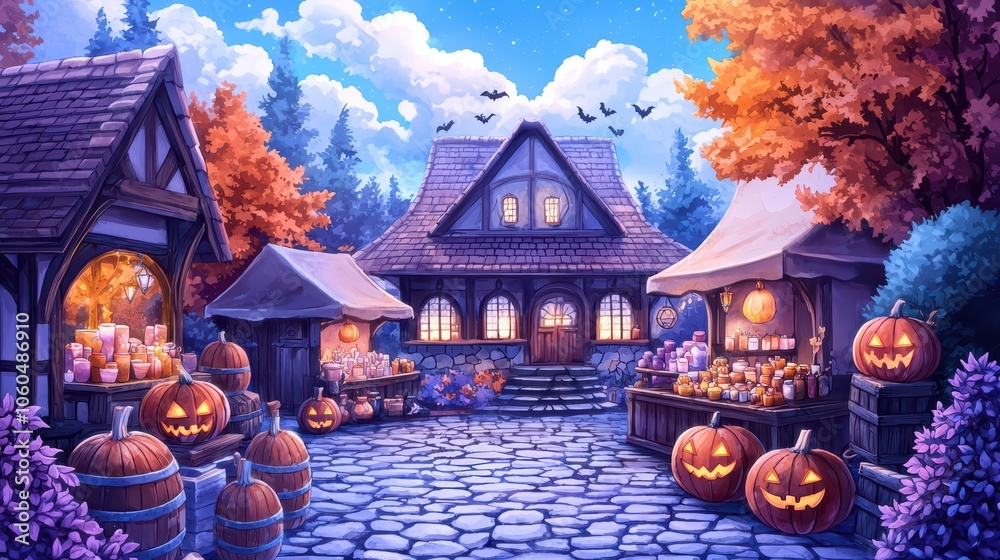 Obraz premium Charming Halloween market with pumpkins, cozy stalls, and a magical atmosphere under the starry night sky.