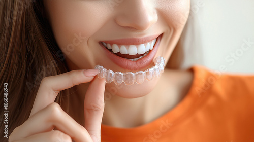 Young woman wear orange shirt casual clothes hold in hand invisible transparent aligners