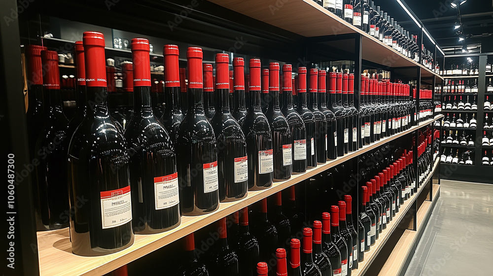 Neatly arranged wine bottles with red caps on shelves in a modern wine shop, showcasing premium quality and variety for customers. Neatly arranged wine bottles with red caps on shelves in a modern wine shop, showcasing premium quality and variety for customers.
