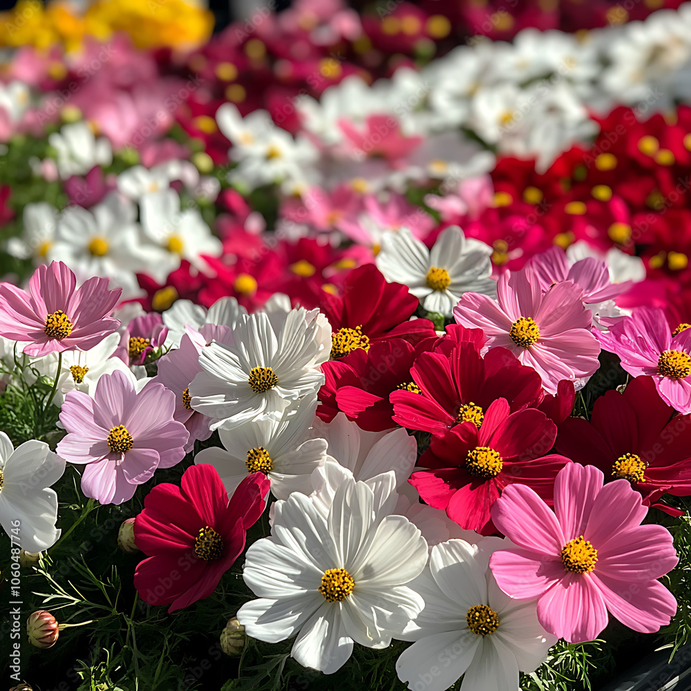 Vibrant cosmos flowers in shades of white, pink, and red create stunning floral display, evoking sense of joy and beauty in nature Vibrant cosmos flowers in shades of white, pink, and red create stunning floral display, evoking sense of joy and beauty in nature