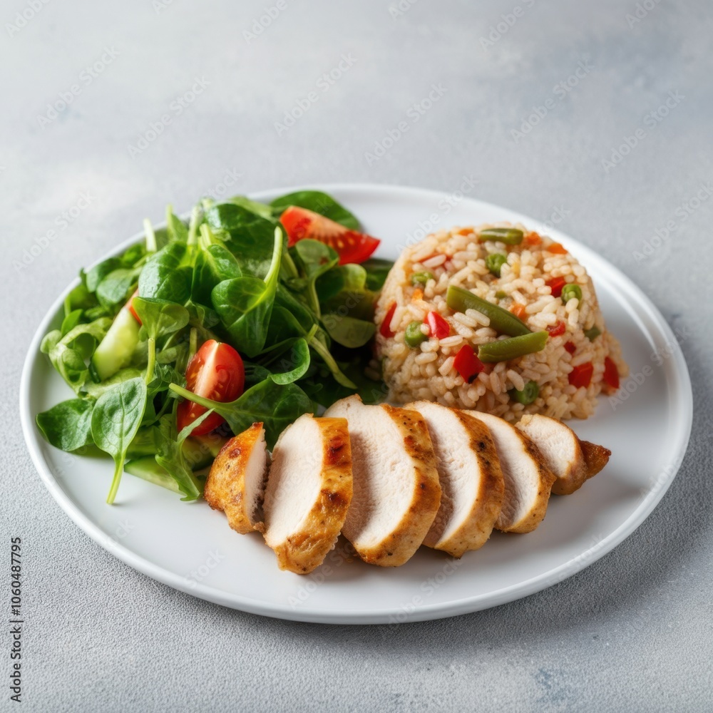 A plate with a dish showing sliced grilled chicken, rice pilaf with vegetables and salad with leafy greens, sliced tomatoes and cucumbers. A plate with a dish showing sliced grilled chicken, rice pilaf with vegetables and salad with leafy greens, sliced tomatoes and cucumbers.
