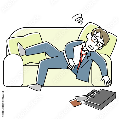 疲れてソファーに倒れこむスーツ姿の男性