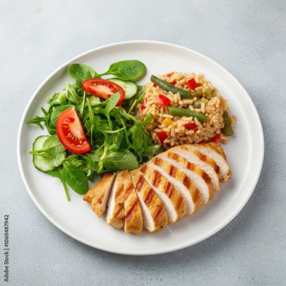 A plate with a dish showing sliced grilled chicken, rice pilaf with vegetables and salad with leafy greens, sliced tomatoes and cucumbers. A plate with a dish showing sliced grilled chicken, rice pilaf with vegetables and salad with leafy greens, sliced tomatoes and cucumbers.