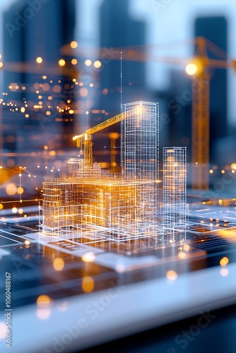 A futuristic representation of construction technology in urban settings, showcasing digital blueprints and a crane at a building site highlighting innovation and progress.