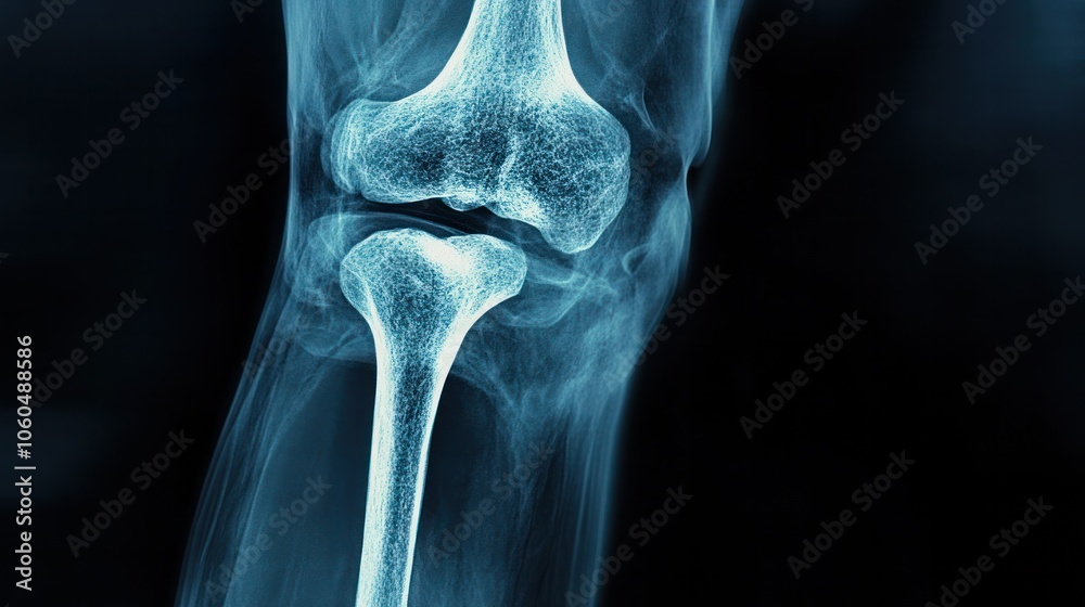 A detailed X-ray image showcasing a human knee joint, highlighting the area affected by pain. A detailed X-ray image showcasing a human knee joint, highlighting the area affected by pain.