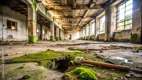 Wallpaper Mural Beige soil and moss accumulate on the cracked concrete floor of an abandoned building as water drips from a broken pipe in the distance, cracked concrete, abandoned building Torontodigital.ca