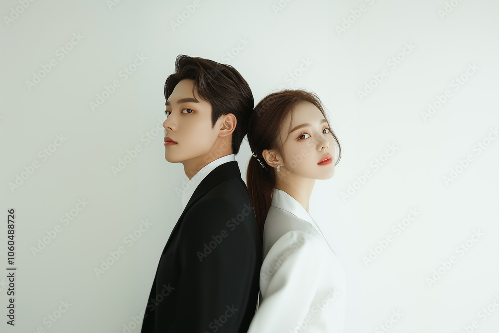 A photograph of a Korean celebrity couple modeling for a wedding dress. The man is wearing a black suit with a white shirt, a woman is wearing white suit A photograph of a Korean celebrity couple modeling for a wedding dress. The man is wearing a black suit with a white shirt, a woman is wearing white suit