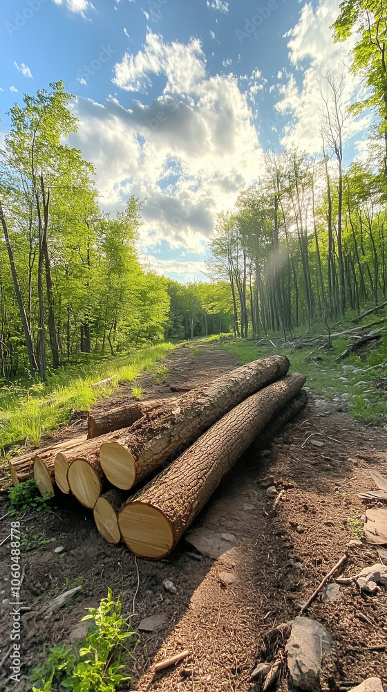 Stack of logs lying beside a cleared forest section, wallpaper Stack of logs lying beside a cleared forest section, wallpaper