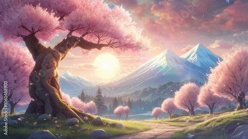 Beautiful fantasy spring nature landscape and cherry blossom tree, 4k loop animated background