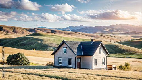 A charming house stands alone in a serene countryside landscape, surrounded by lush rolling hills and fields bathed in soft sunlight during the late afternoon hours