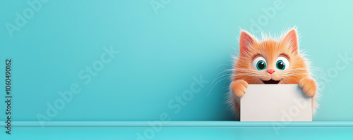 Wallpaper Mural Cartoon kitten pointing to white board, playful background, 3D illustration Torontodigital.ca
