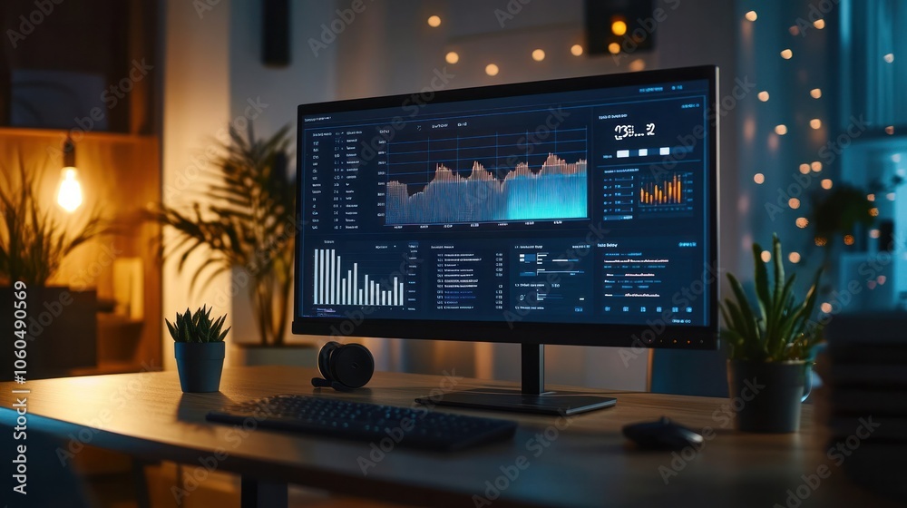 Perspective view of a desk with a computer screen displaying a detailed digital analytics dashboard showcasing Perspective view of a desk with a computer screen displaying a detailed digital analytics dashboard showcasing