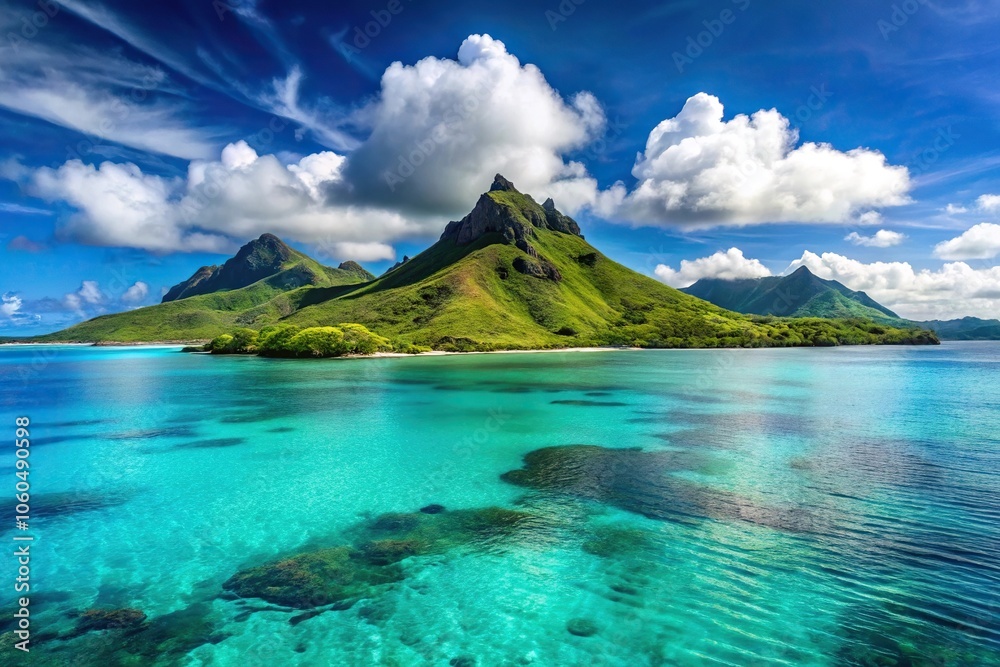 Distant island landscape with volcanic mountains and turquoise lagoon, turquoise lagoon, distant island, mountain range Distant island landscape with volcanic mountains and turquoise lagoon, turquoise lagoon, distant island, mountain range