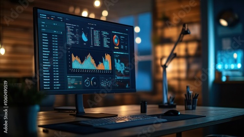 Wallpaper Mural Perspective view of a desk with a computer screen displaying a detailed digital analytics dashboard showcasing Torontodigital.ca