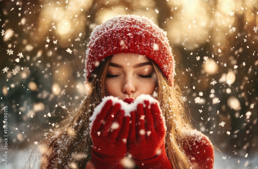 A girl in a red hat and gloves enjoys snowfall in a winter wonderland A girl in a red hat and gloves enjoys snowfall in a winter wonderland
