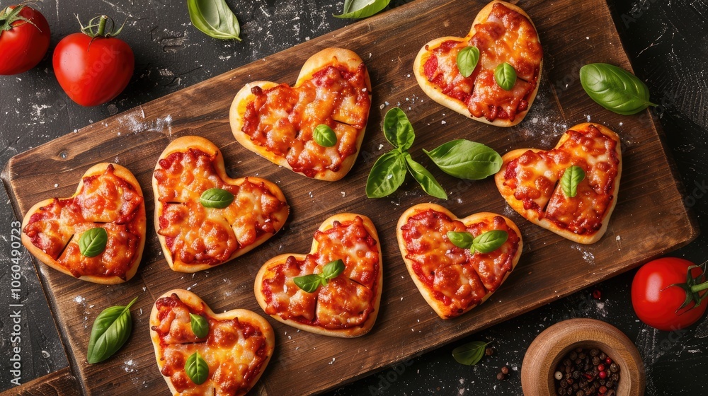 Heart-shaped Mini Pizzas on Wooden Board for Valentine's Day: Top View Heart-shaped Mini Pizzas on Wooden Board for Valentine's Day: Top View