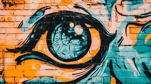 Close up of a colorful and intricate street art mural on a brick wall.