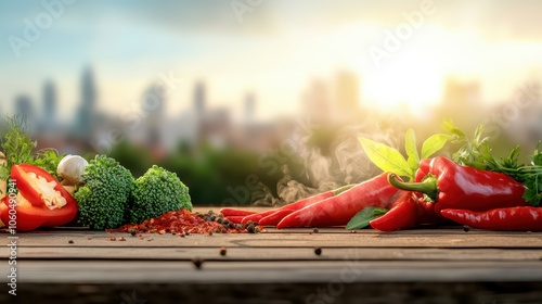 Fresh vegetables including peppers, broccoli, and herbs on a wooden table with a cityscape background. photo