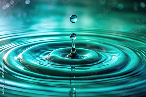 Droplets of turquoise falling from the surface of a still pond, outdoors, reflection, peaceful