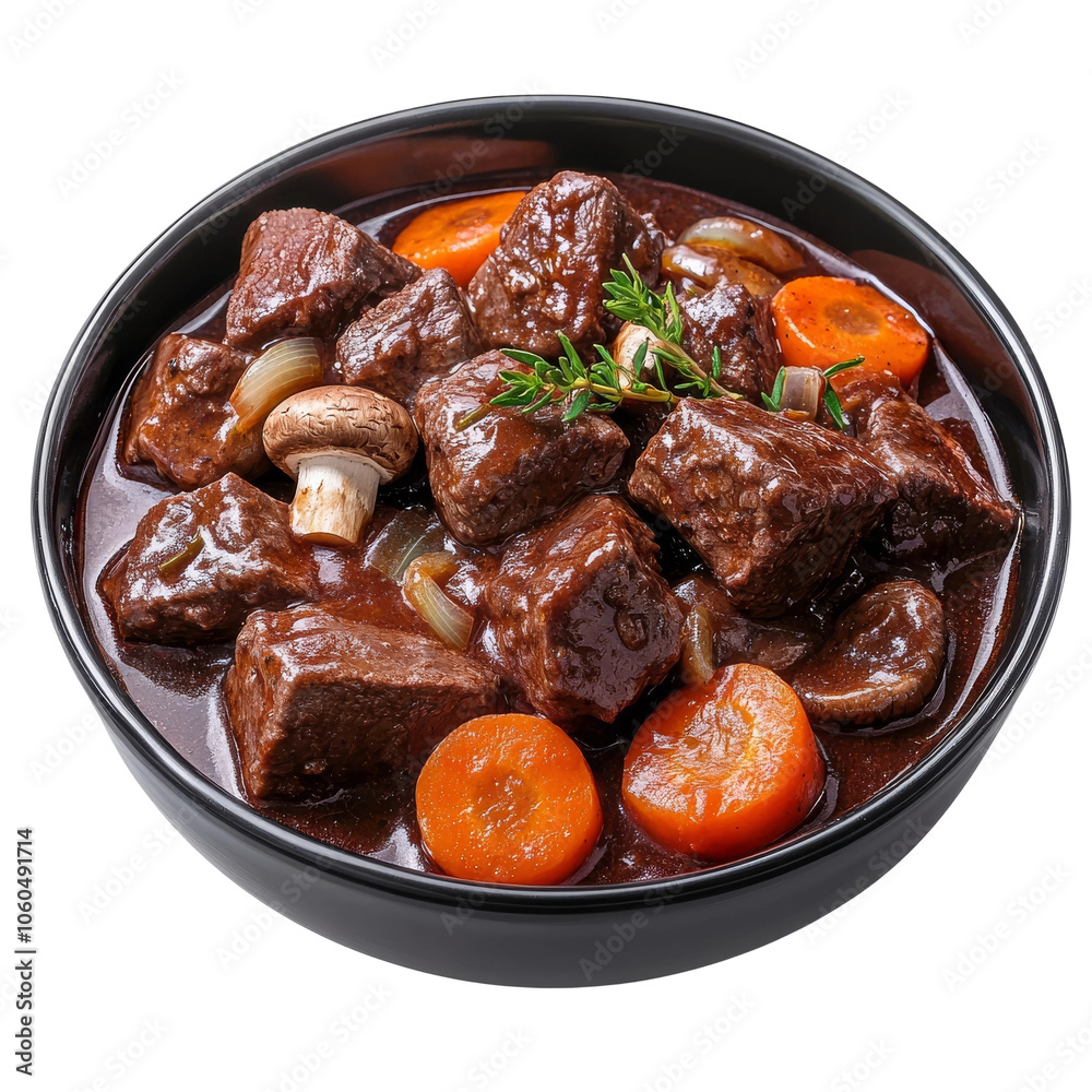 A hearty beef stew with vegetables simmering in rich gravy served in a black bowl on a transparent background A hearty beef stew with vegetables simmering in rich gravy served in a black bowl on a transparent background