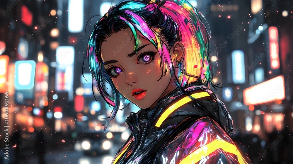 Anime-Style Girl in Vibrant Neon City Backdrop