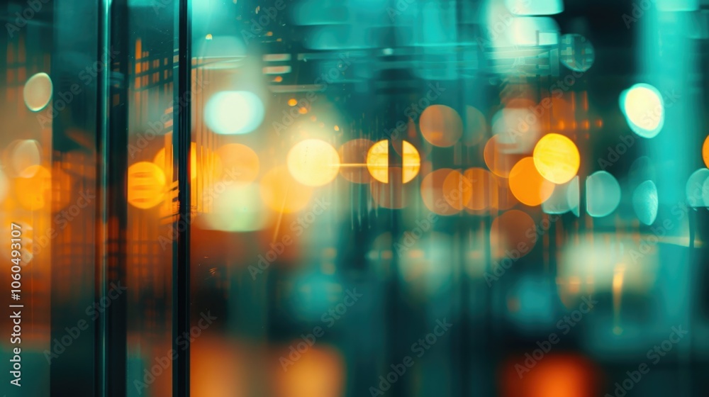 Obraz premium A blurry urban skyline at night with bright lights and reflections on glass surfaces.