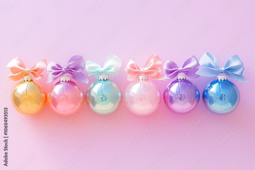 A pastel rainbow of cute Christmas baubles with bows, against a soft pink background A pastel rainbow of cute Christmas baubles with bows, against a soft pink background