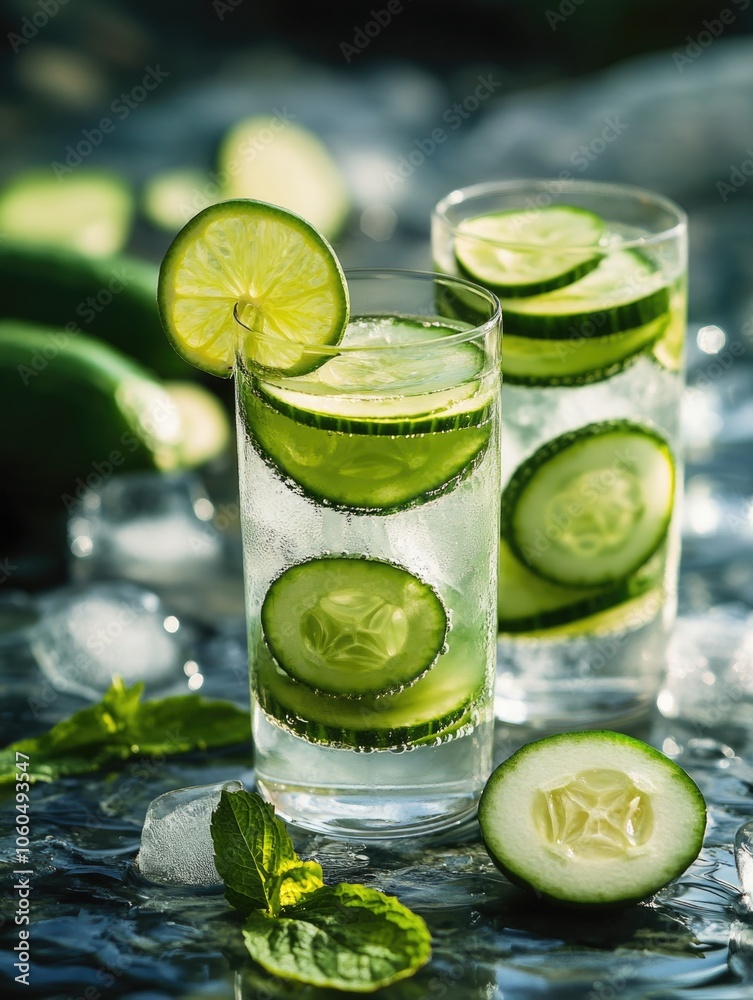 Two glasses of fresh lemonade topped with cucumber slices, served on a surface with ice cubes and mint leaves. Two glasses of fresh lemonade topped with cucumber slices, served on a surface with ice cubes and mint leaves.