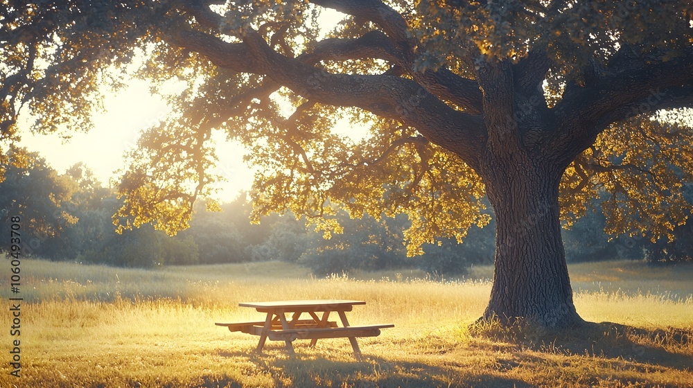 Peaceful Picnic Table Under Majestic Oak Tree in Sunlit Meadow Countryside Retreat Peaceful Picnic Table Under Majestic Oak Tree in Sunlit Meadow Countryside Retreat