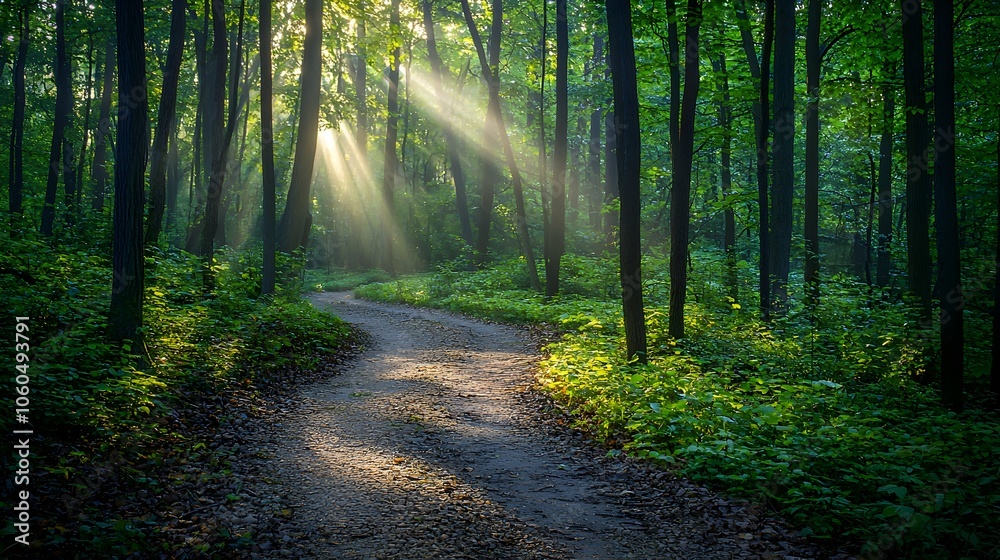 Fototapeta premium Winding Trail Through Lush Forest with Sun Rays Breaking Through Canopy