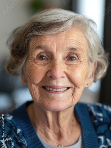 A cheerful elderly woman, radiating warmth and joy.