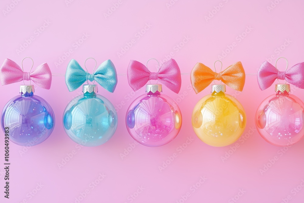 A pastel rainbow of cute Christmas baubles with bows, against a soft pink background A pastel rainbow of cute Christmas baubles with bows, against a soft pink background