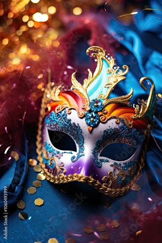 mardi gras holiday golden mask, bokeh lights background